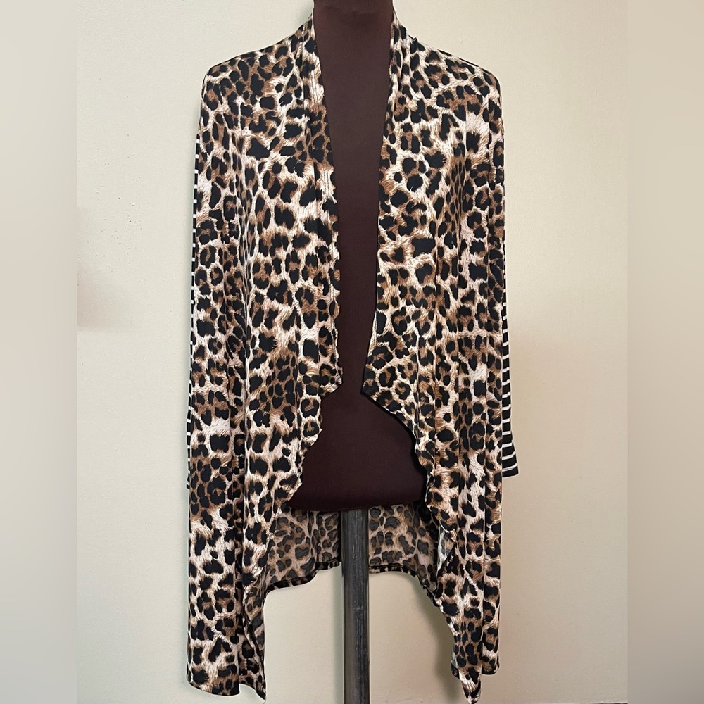 Lilypad leopard and striped open front cardigan 1x 3x
